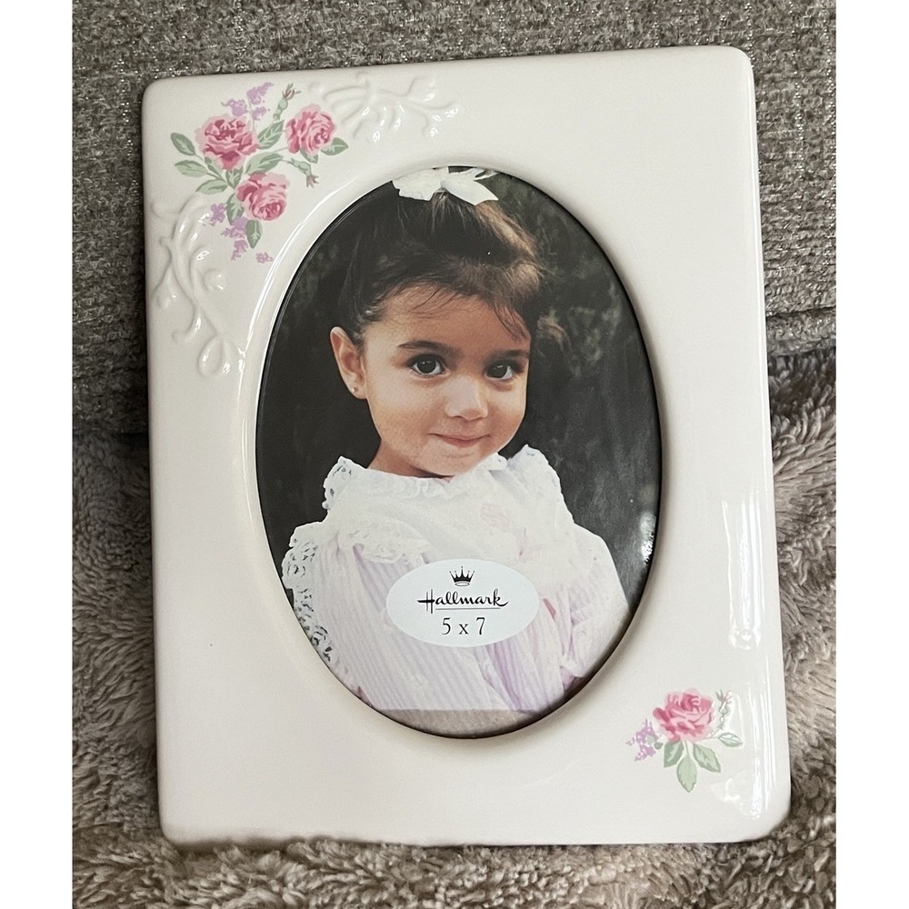 Vintage Hallmark Picture Frame Ceramic Oval Beige Floral Photo  5x7" Pink Flower